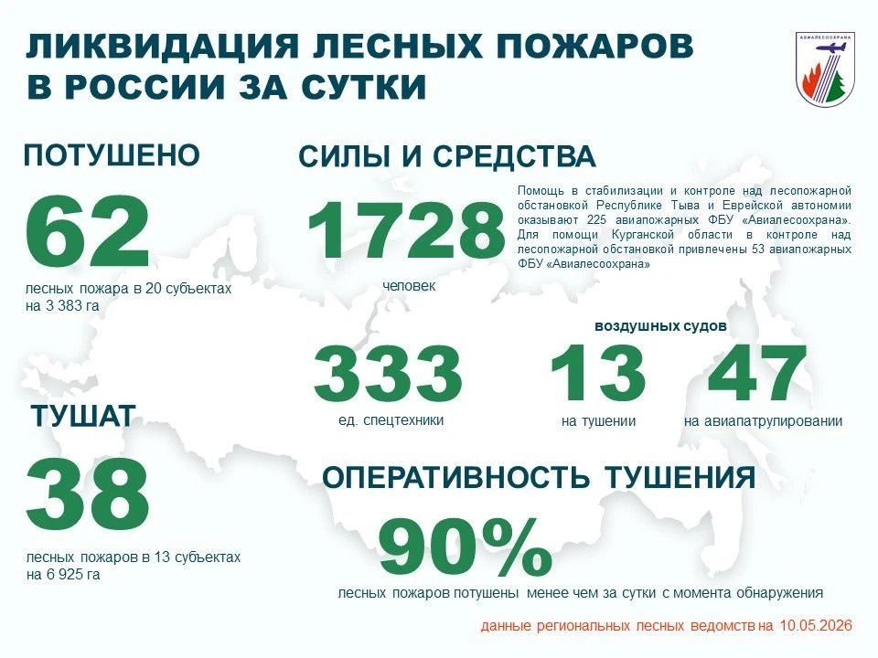 За прошедшие сутки в России потушены 62 лесных пожара в 20 регионах
